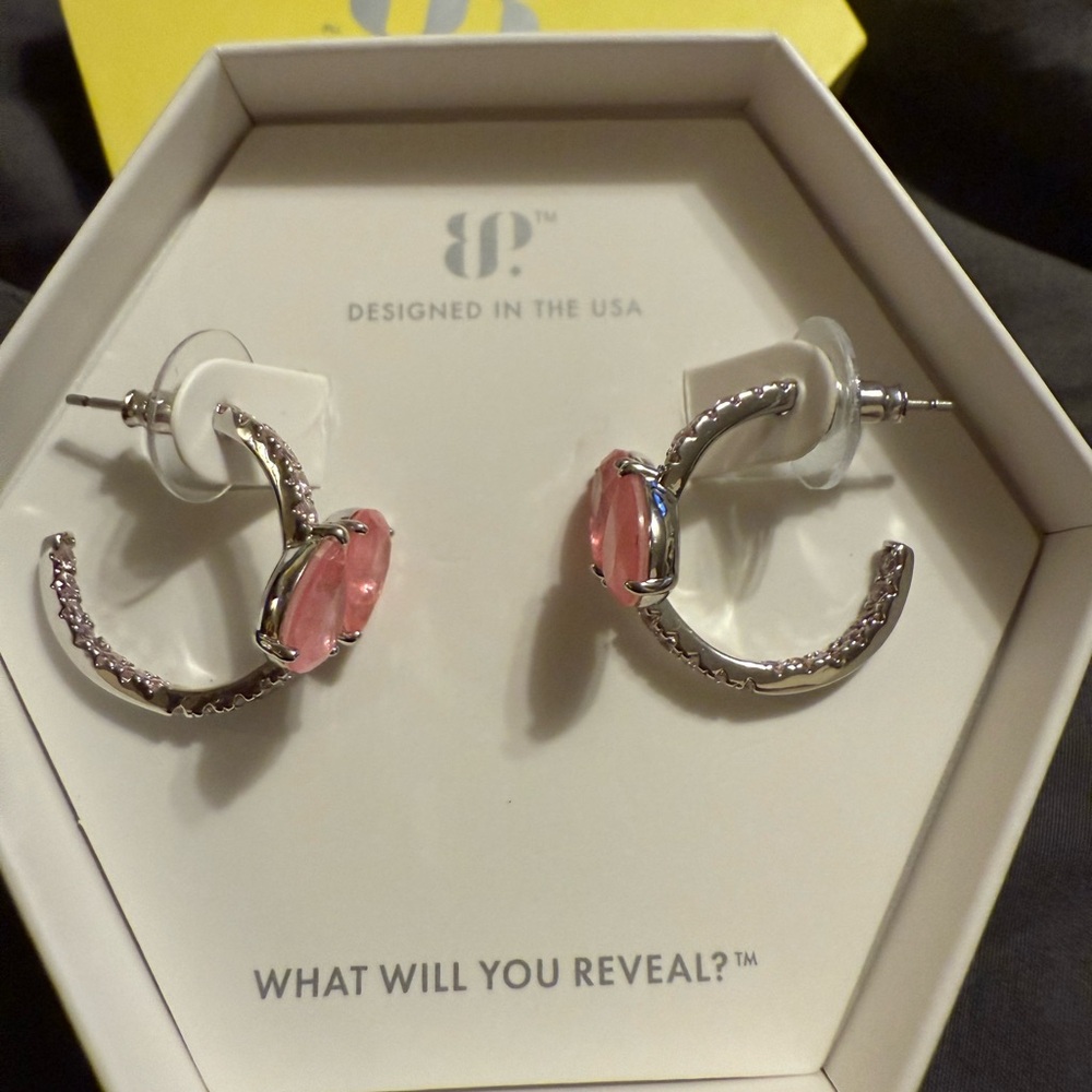 Bomb Party Rose Quartz on Rhodium Hoops NEW IN BOX